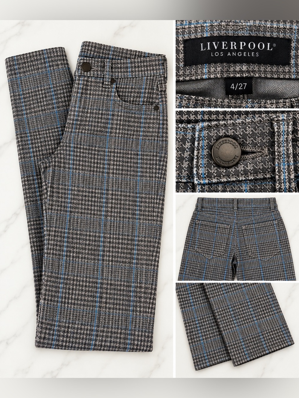 Liverpool Los Angeles Plaid Straight Leg Pants Size 4/27 Gray Blue